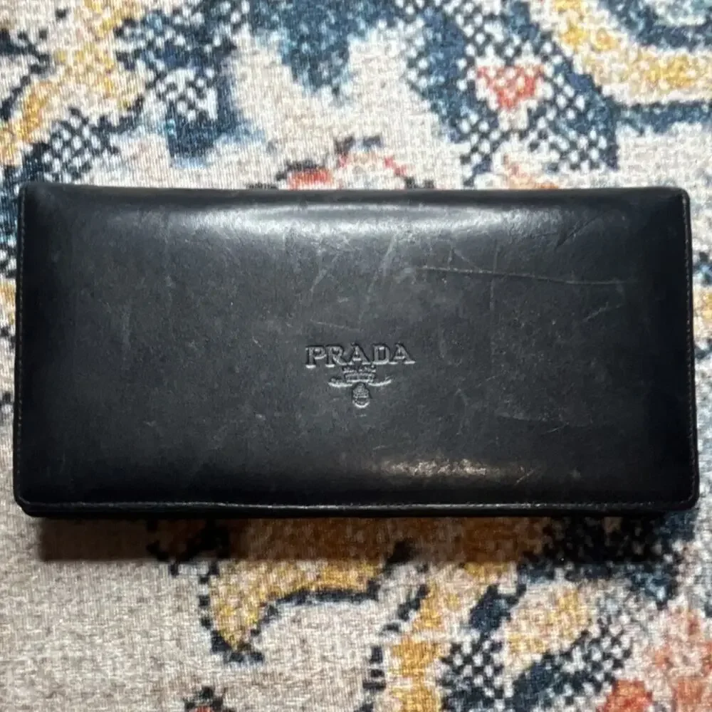 Prada Milano Vintage Black Leather Men's Long Continental Wallet Logo Italy